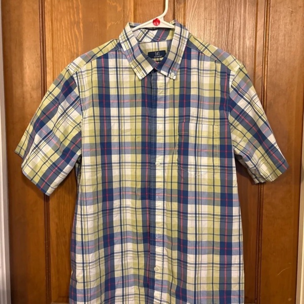 George Yellow and Blue Plaid Short-Sleeve Button-Down Shirt